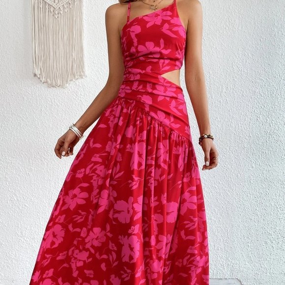 Pink Boho Womens Floral Print One Shoulder Cut Out Waist Ruffle Hem Dress - Picture 5 of 5